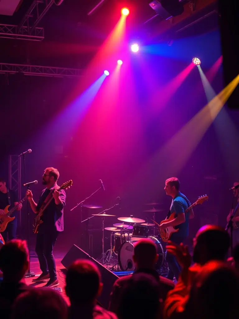 A dynamic photo capturing a live musical performance featuring musicians from LE SERPENT A PLUME, playing on stage with colorful lighting and an enthusiastic audience.
