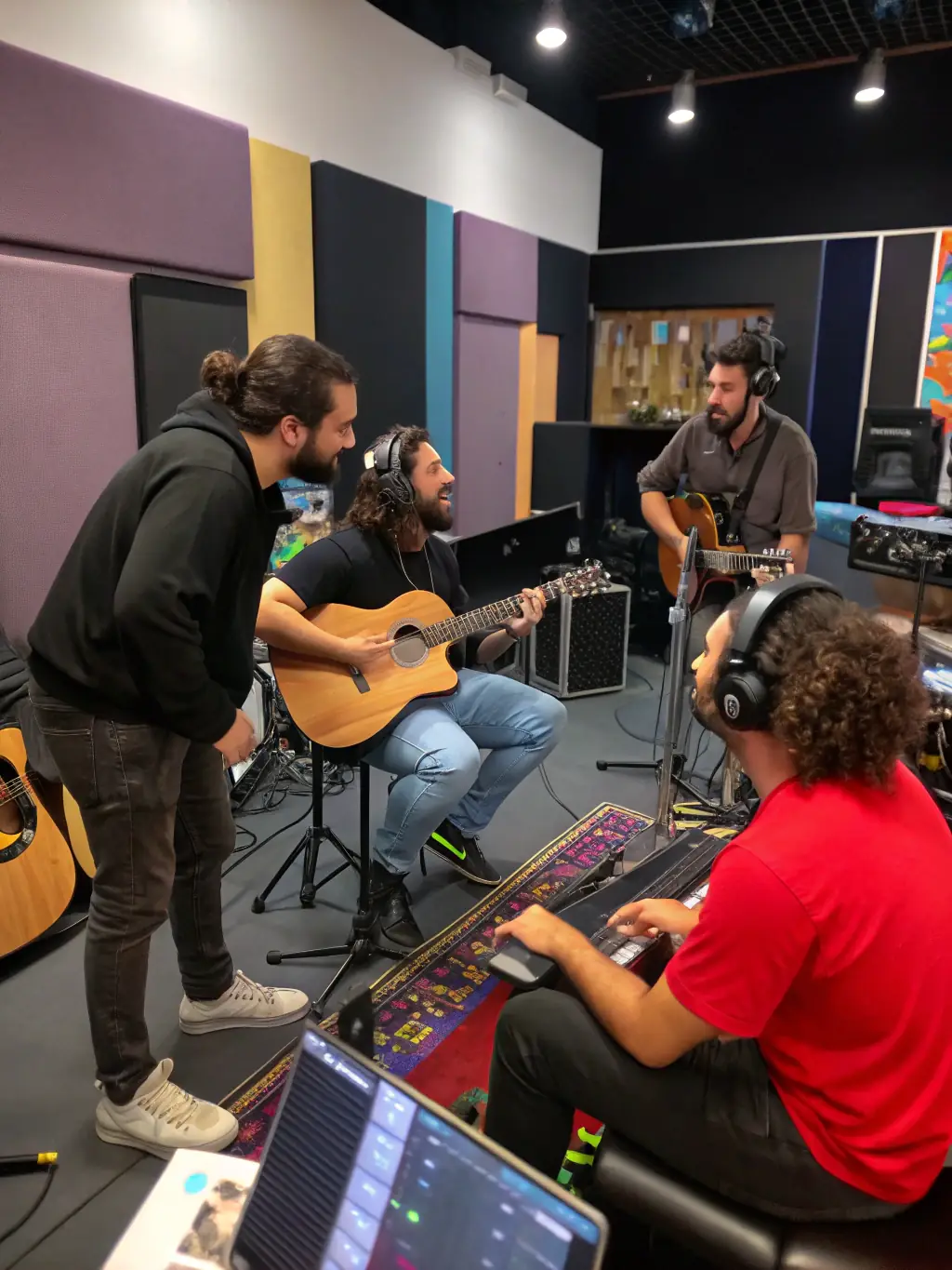 A group of musicians collaborating in a recording studio, working on a musical project together, with microphones, instruments, and recording equipment visible.