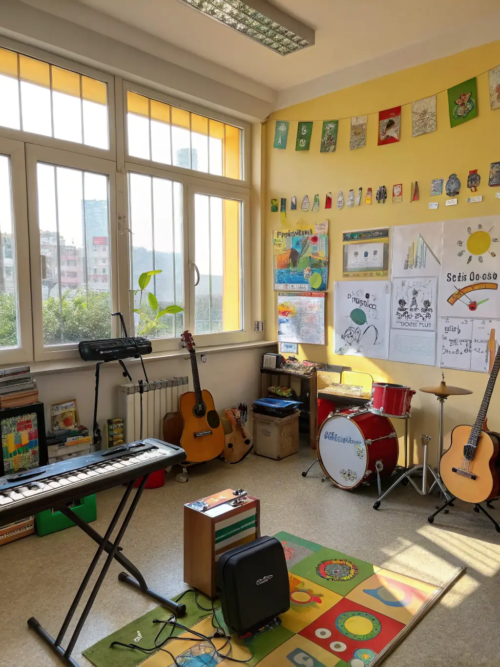 A vibrant image of a children's music workshop in progress, with kids playing various instruments and a teacher guiding them, set in a brightly lit classroom.