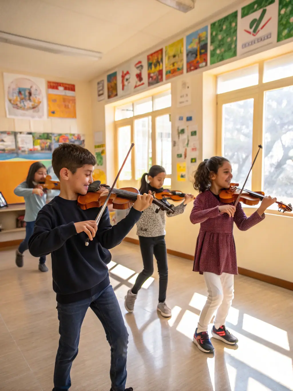 An image depicting an instrumental music class at LE SERPENT A PLUME, with students learning various instruments under expert guidance.