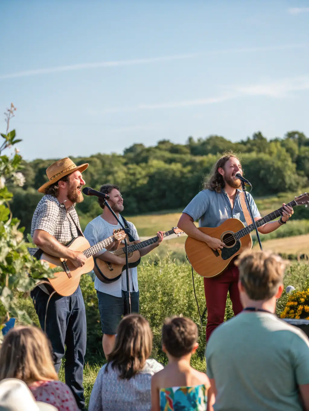 A diverse group of people participating in a community music event, playing instruments and singing together in an outdoor setting, fostering a sense of unity and joy.