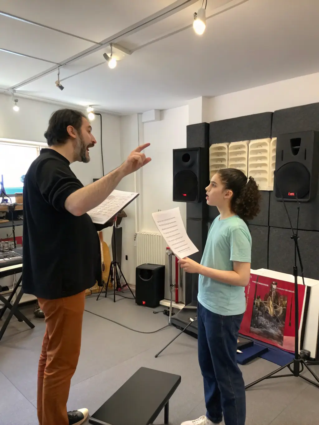 A photo of a vocal training session at LE SERPENT A PLUME, with a focus on proper technique and expressive delivery.